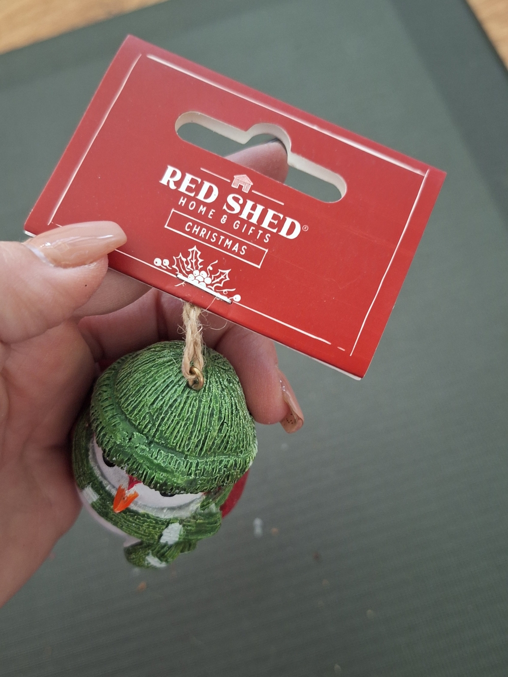 Red Shed Green Snowman Hanging Ornament
